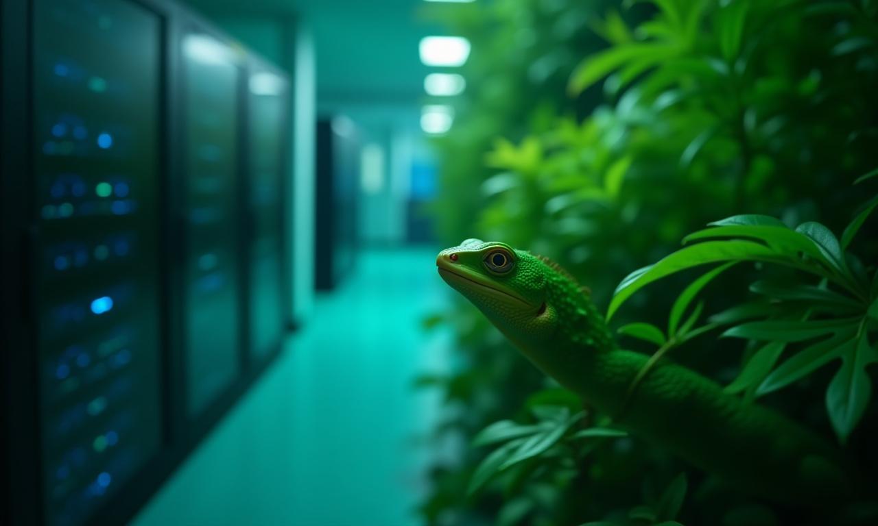 Split-screen image of a clean server room and a lush green reptile habitat, representing technology and nature
