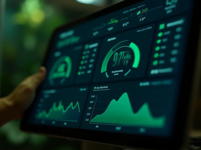 Isang dashboard ng pagmamanman ng tirahan ng reptilya na may mga graph at numero para sa temperatura at halumigmig.